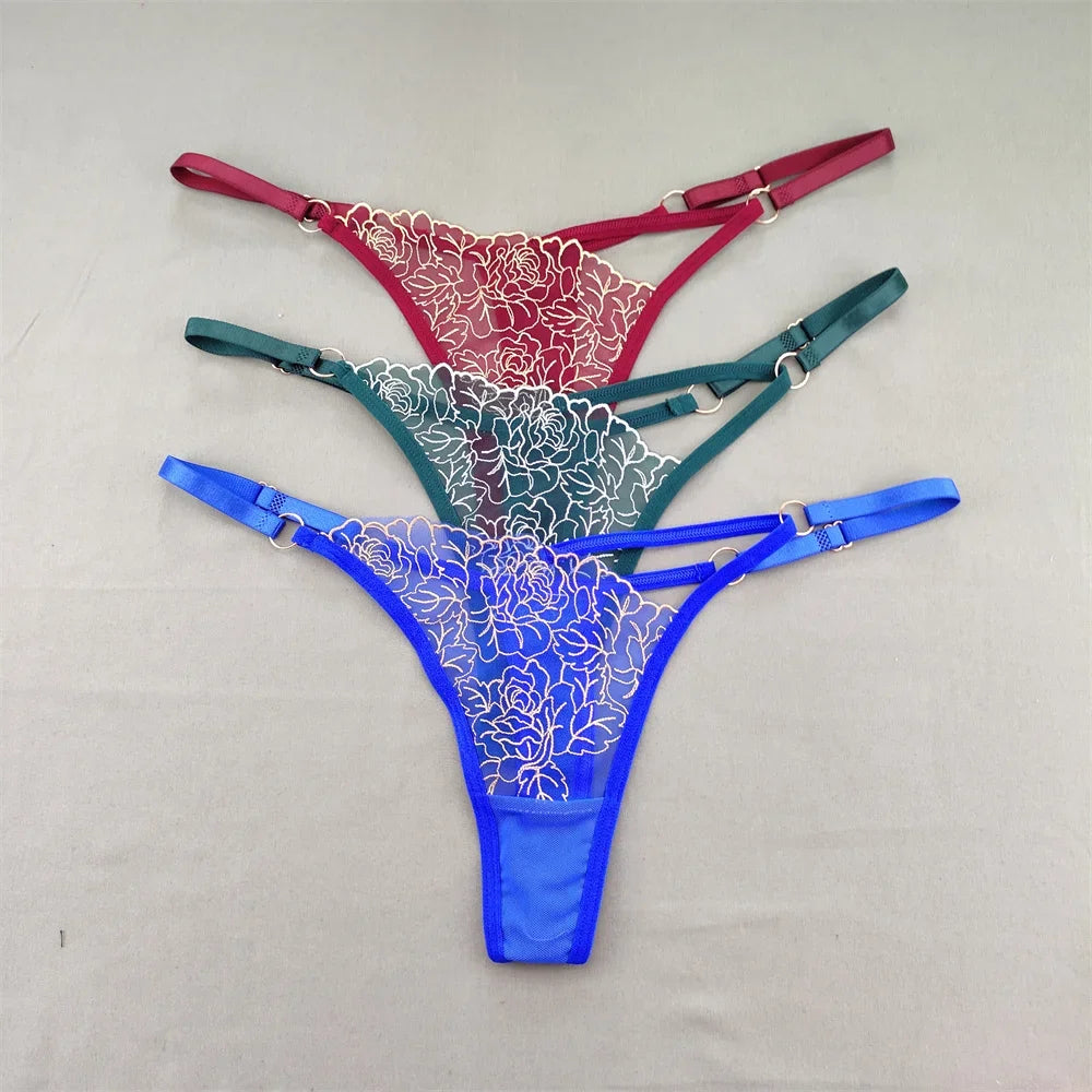 3pcs V-shaped Sexy Lace Floral Thong Women Hollow Out V-Strings Adjustable Belt Transparent Underwear