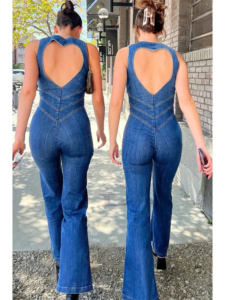 TARUXY Backless Heart Cutout Bodycon Jumpsuit For Women Casual Sleeveless Slim One-Piece Outfits Retro Denim Jumpsuits New 2025