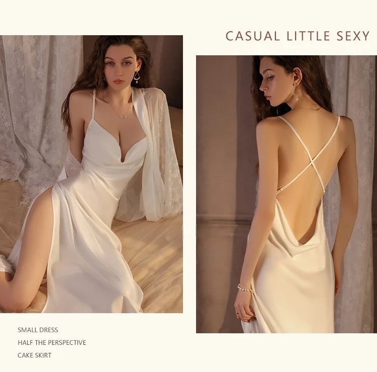 Sexy Backless Ice Silk Halter V Neck Dress Pajamas Short Skirt Home Wear Women Silk Nightgowns Home Clothes
