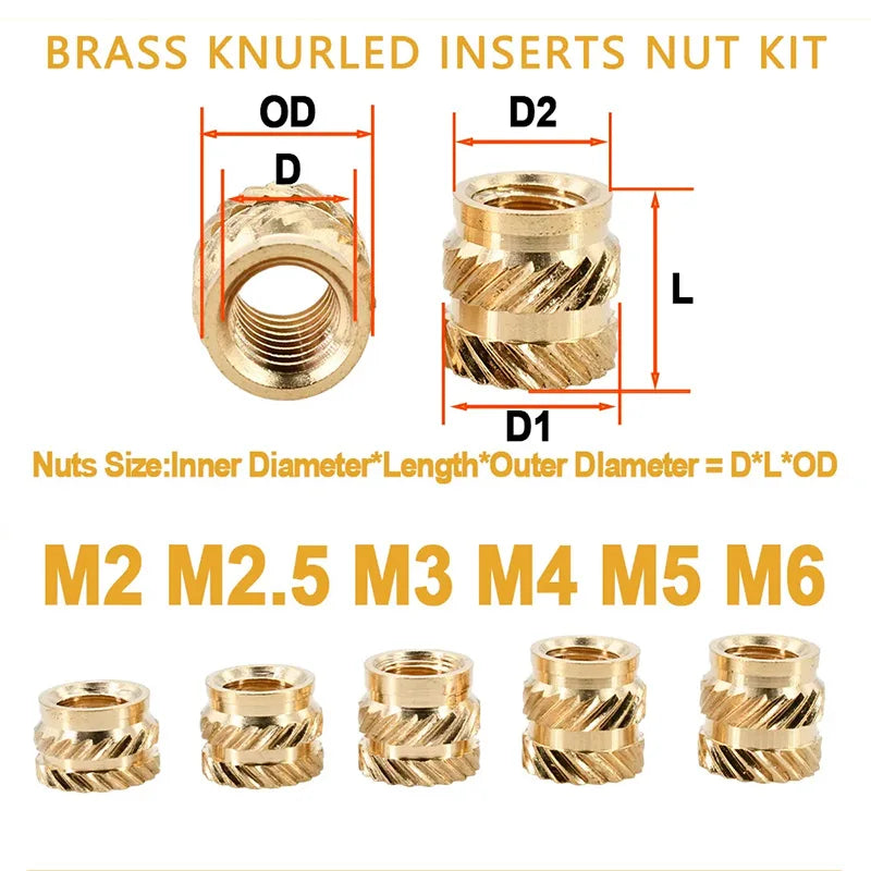 Brass Threaded Insert Nut Kit M2 M2.5 M3 M4 M5 M6 M8 Hot Melt Heat Knurled Embed Injection Copper Insertnut for 3D Print Plastic