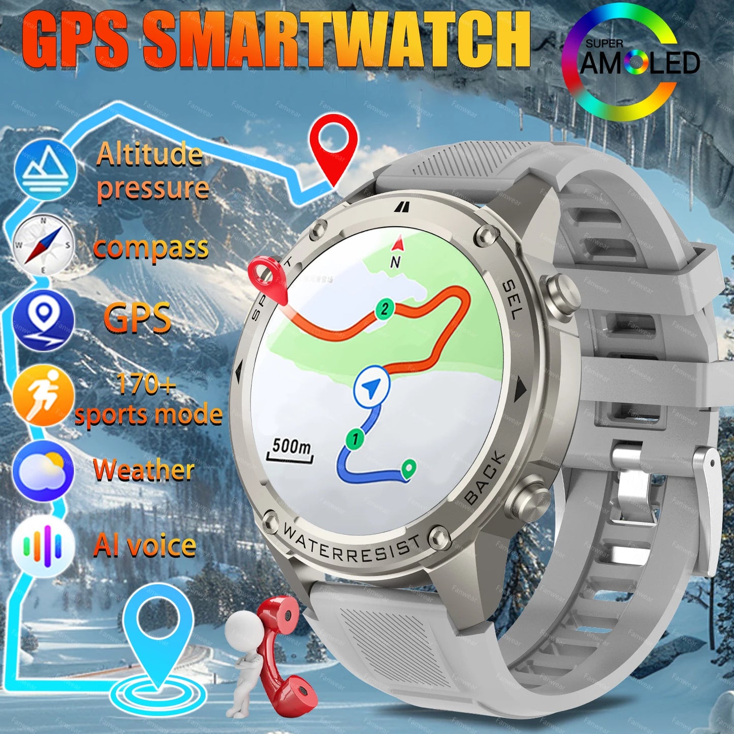 Fanwear T-Rex 3 GPS outdoor sports smart watch, 5ATM swimming smart watch, compass, barometric altitude, Bluetooth call, Valenti