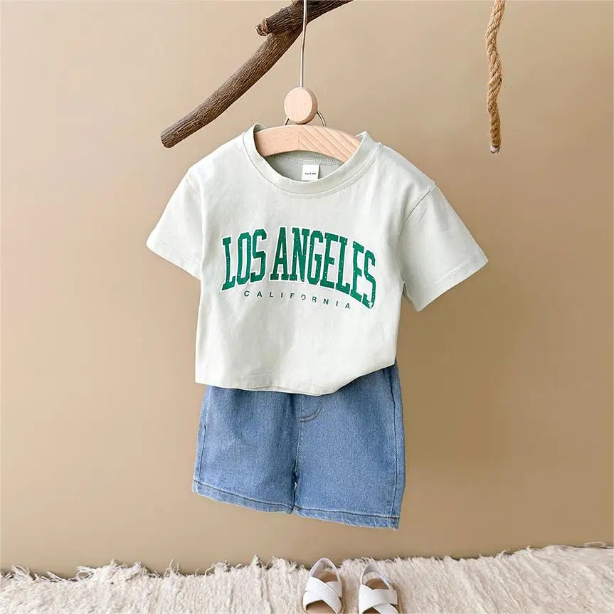 Summer New Baby Clothes Infant Letter Printing Top+Denim shorts Set Baby Boys Girls Casual Baby Set Newborn Baby Clothes 2Pcs