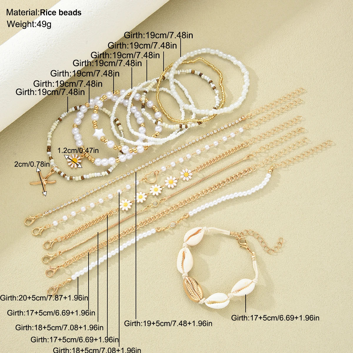 Boho Daisy Starfish Rice Beads Bracelets for Women Stacked Heart Imitation Pearl Chain Bracelet Fashion Jewelry Beach Summer