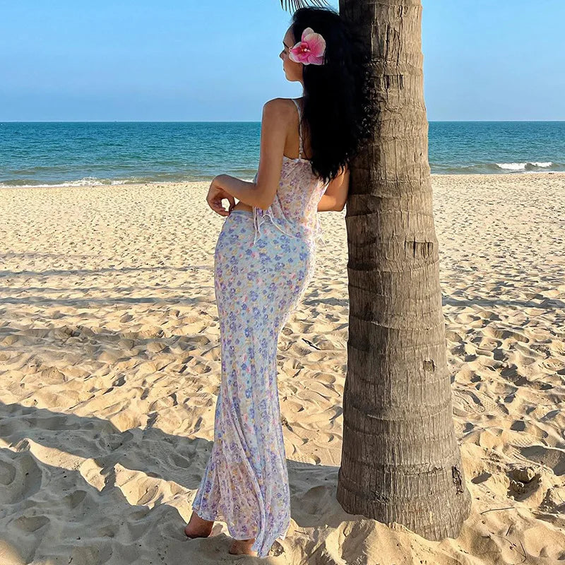 Ladies Summer Vacation Fashion 2 Pieces Set Women Sleeveless Backless Top Long Skirts Matching Sets Woman Clothes Party Holiday