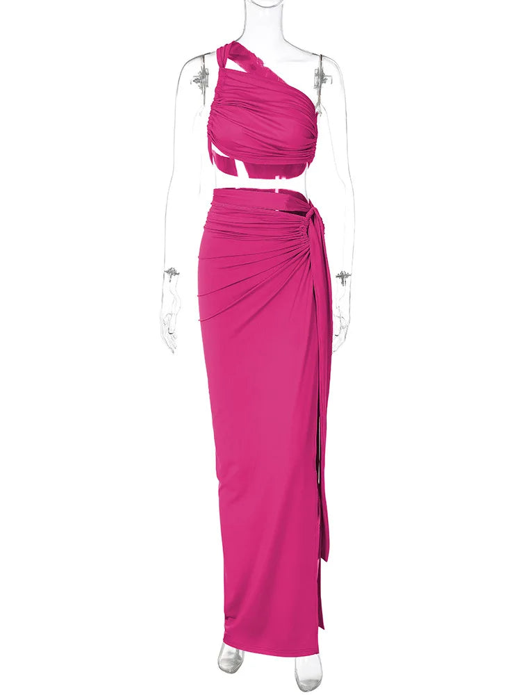 Ladies Summer 2 Pieces Set Women Sleeveless Backless Strap Spit Crop Top Side Slit Slim Long Skirt Evening Party Club Streetwear