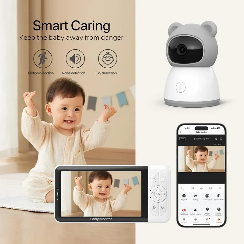 Tuya Smart Wireless Video Baby Monitors 5" 1080P Display Temperature Detection APP View Control Baby Nanny 2-Way Audio Baby Cam
