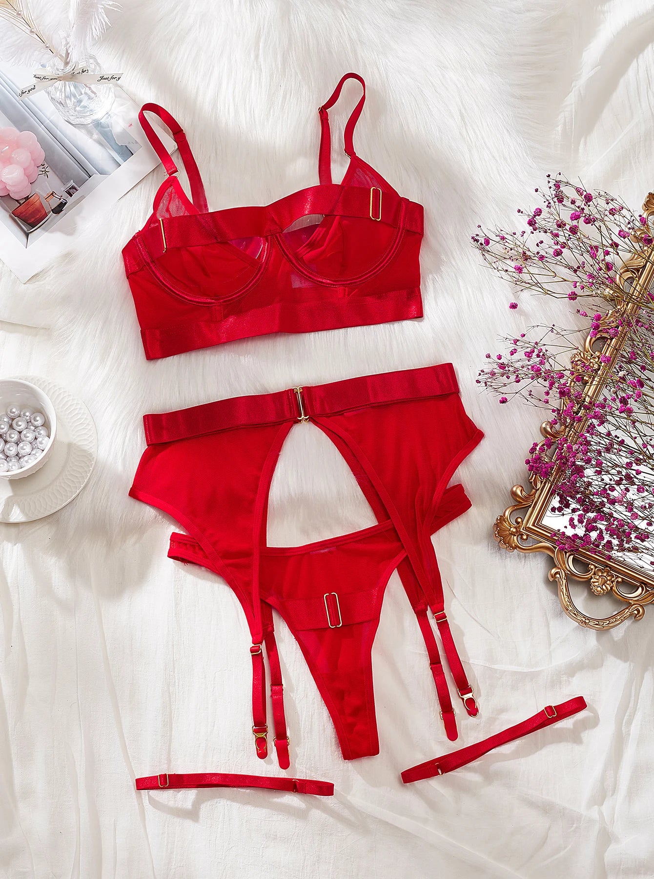 MUZISKAT 2025 New Women's Sexy Underwear Complex Craftsmanship Perspective Mesh Hollow Body Shaping Erotic Four Piece Set