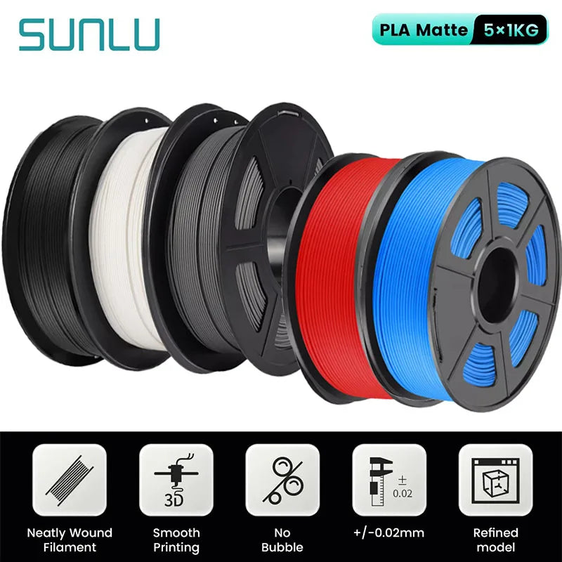 SUNLU 5Roll PLA Matte Filament 1.75mm 1kg Spool (2.2lbs) Smooth Matte Finish Neatly Wound Filament Fit Most FDM Printer