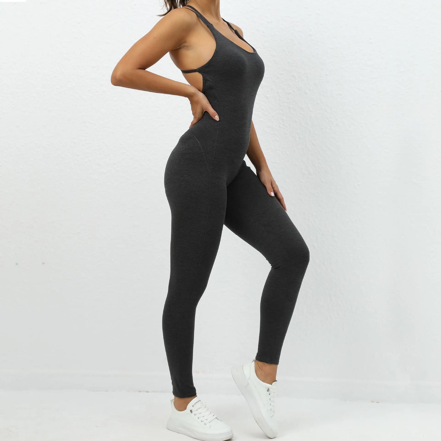 Sexy Backless Bodycon Scrunch Jumpsuit Raises Butt Women Dance Fitness Overalls for Women Sleeveless Yoga Sport Jump Suit Black