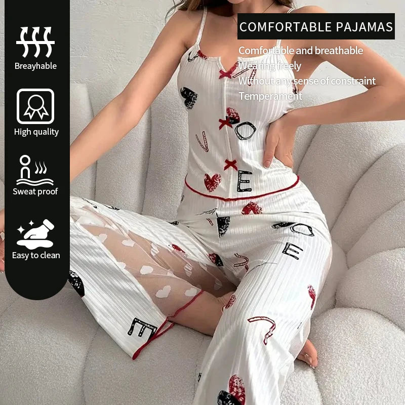 Women's Sexy Two-Piece Pajama Set Printed Lace Patchwork V-Neck Strap Top with Back Lace Detail Comfortable Sleepwear