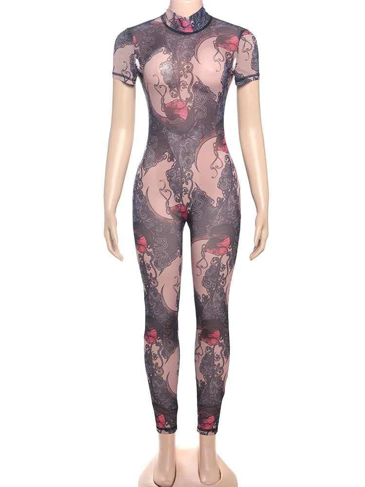 Nibber Colorful Print Jumpsuit Women Mesh  See Through Coquette Summer Backless Peach Buttocks Tight Activity Clubwear Overalls