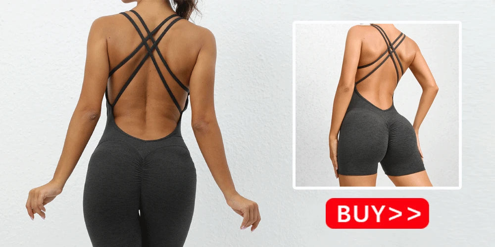 Sexy Backless Bodycon Scrunch Jumpsuit Raises Butt Women Dance Fitness Overalls for Women Sleeveless Yoga Sport Jump Suit Black