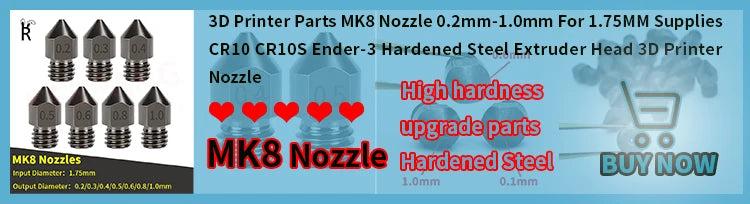 3D Printer Accessories MK8 Nozzle Brass 0.1mm-1.0mm For 1.75/3.0MM Supplies CR10 CR10S Ender-3 Extruder Head 3D Printer Nozzle