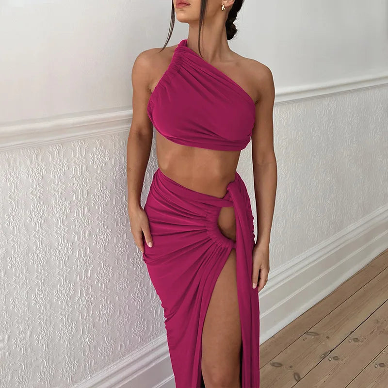 Ladies Summer 2 Pieces Set Women Sleeveless Backless Strap Spit Crop Top Side Slit Slim Long Skirt Evening Party Club Streetwear