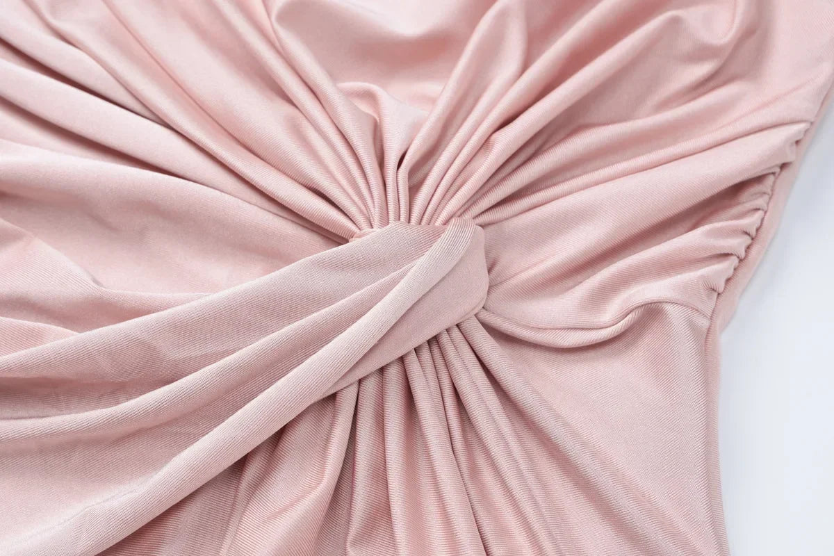 New Elegant High Waist Folds Long Maxi Pink Dresses for Women 2025 Chic O-neck Long Sleeve Tunics Slim Solid Party Evening Dress