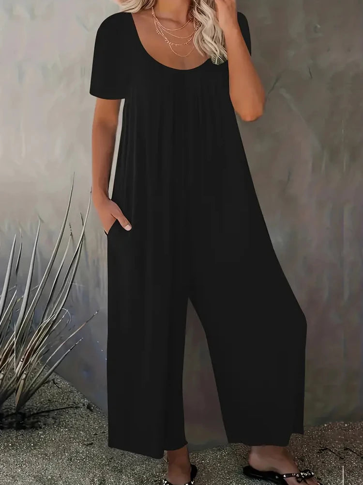 Plus Size 0XL-5XL Summer Rompers Overalls Women's Solid Color Jumpsuit with Pockets Casual Fashion Short Sleeve Jumpsuits