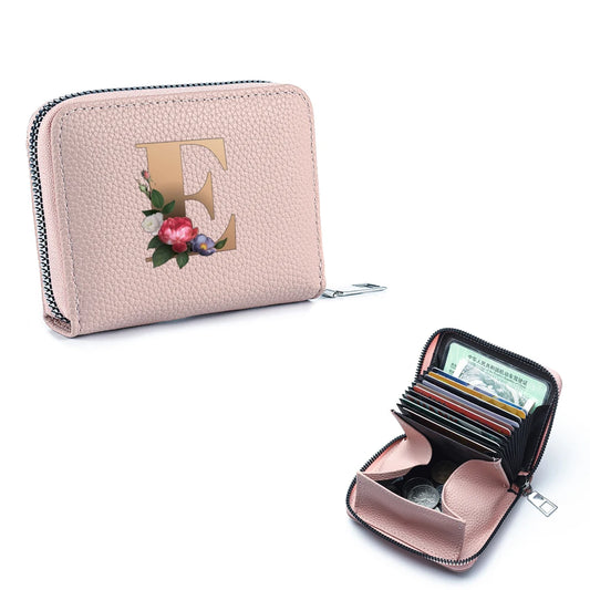 Fashionable Multi Functional 26-Letter Printed Pink Zipper Coin Purse And Credit Card Holder For Women