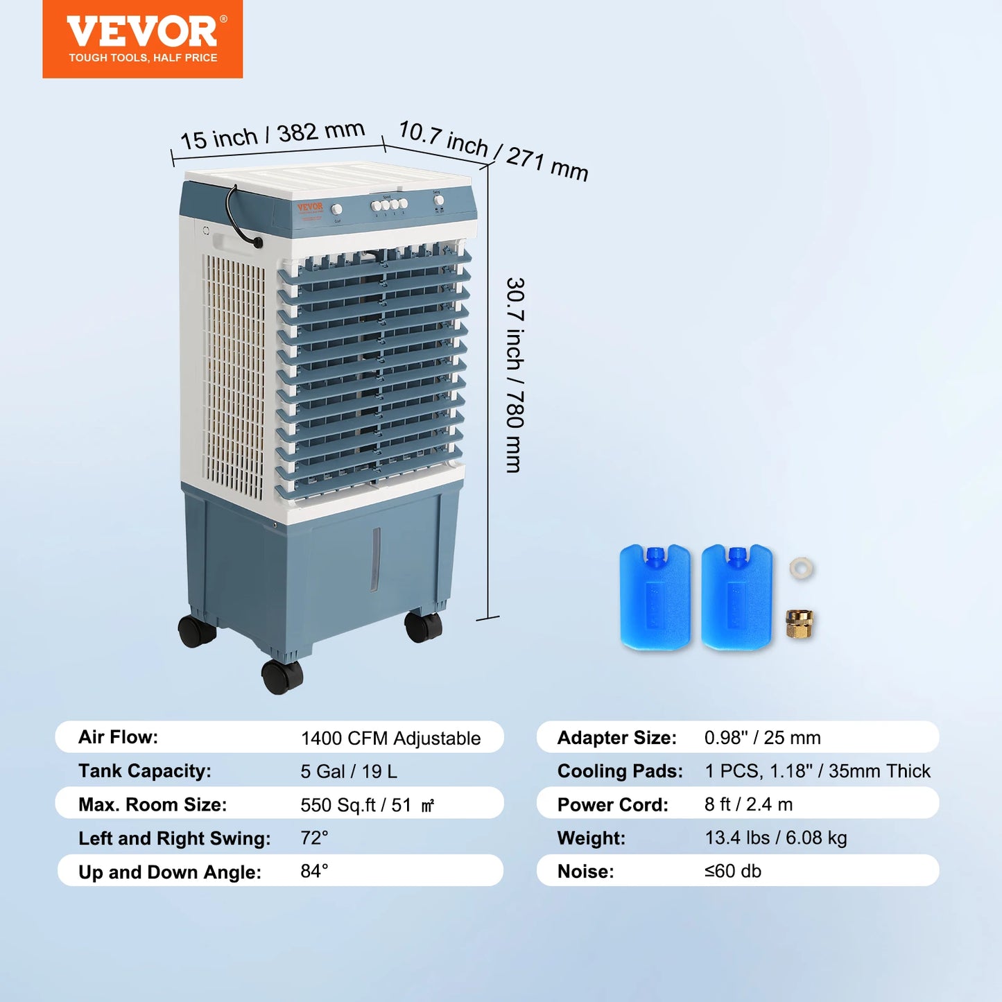 SucceBuy Evaporative Air Cooler Oscillating Swamp Cooler with Adjustable 3 Speeds and 12 H Timer Portable for Indoor Outdoor Use