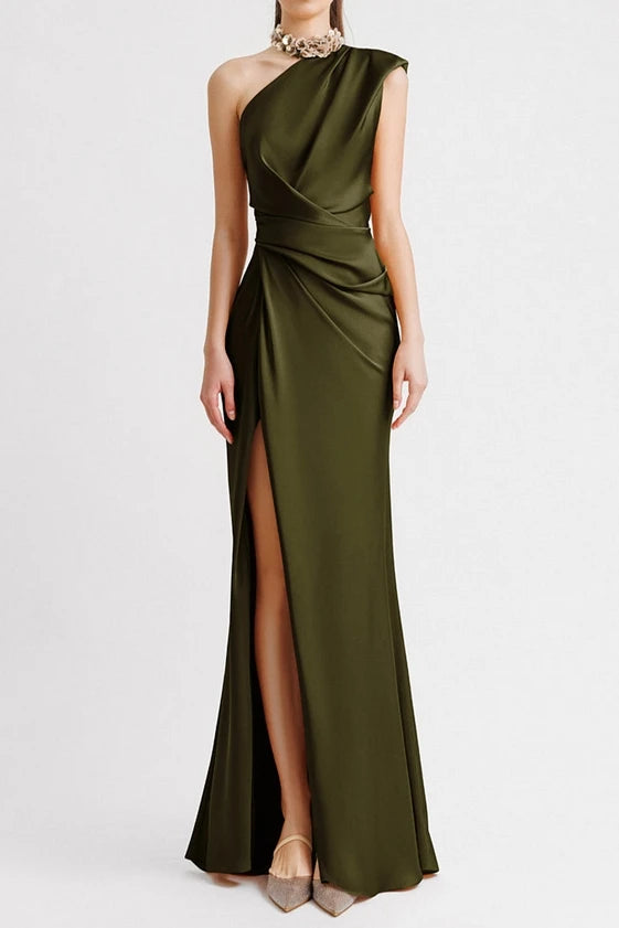Women's Dress Solid Color Slanted Collar Raglan Sleeves Pleated Waist Long Skirt Temperament Commuting Retro Elegance Long Dress