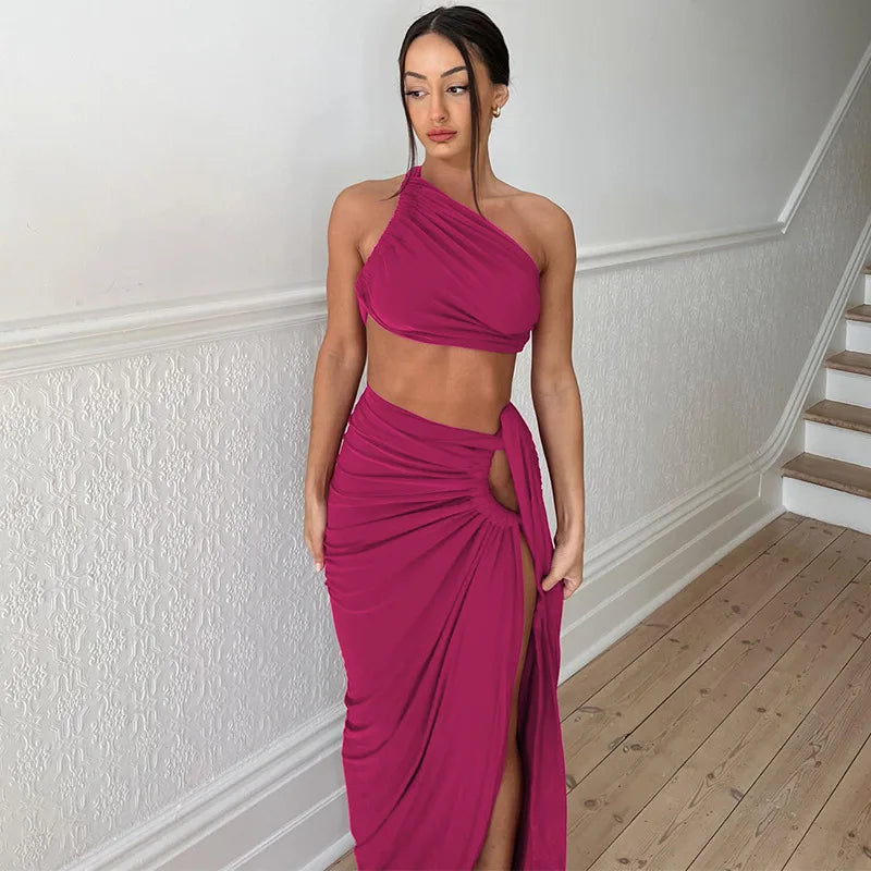 Ladies Summer 2 Pieces Set Women Sleeveless Backless Strap Spit Crop Top Side Slit Slim Long Skirt Evening Party Club Streetwear