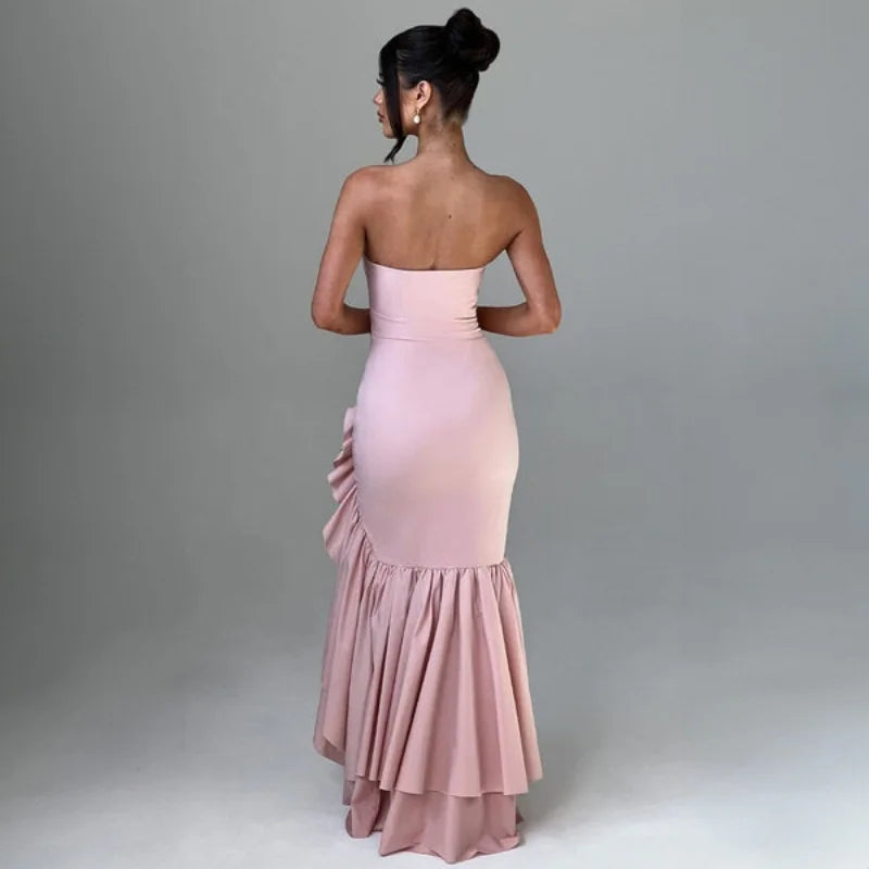 Ladies Summer Ruffle New Fashion Elegant Evening Party Dress Women Sleeveless Backless Tube Bodycon Maxi Dresses Female Clubwear