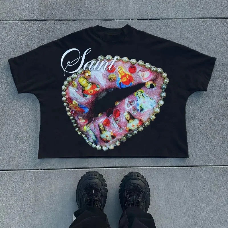 Y2K vintage men t shirts gothic print pattern Streetwear oversized t shirt Hip Hop men women Harajuku Punk Cotton Loose t shirt