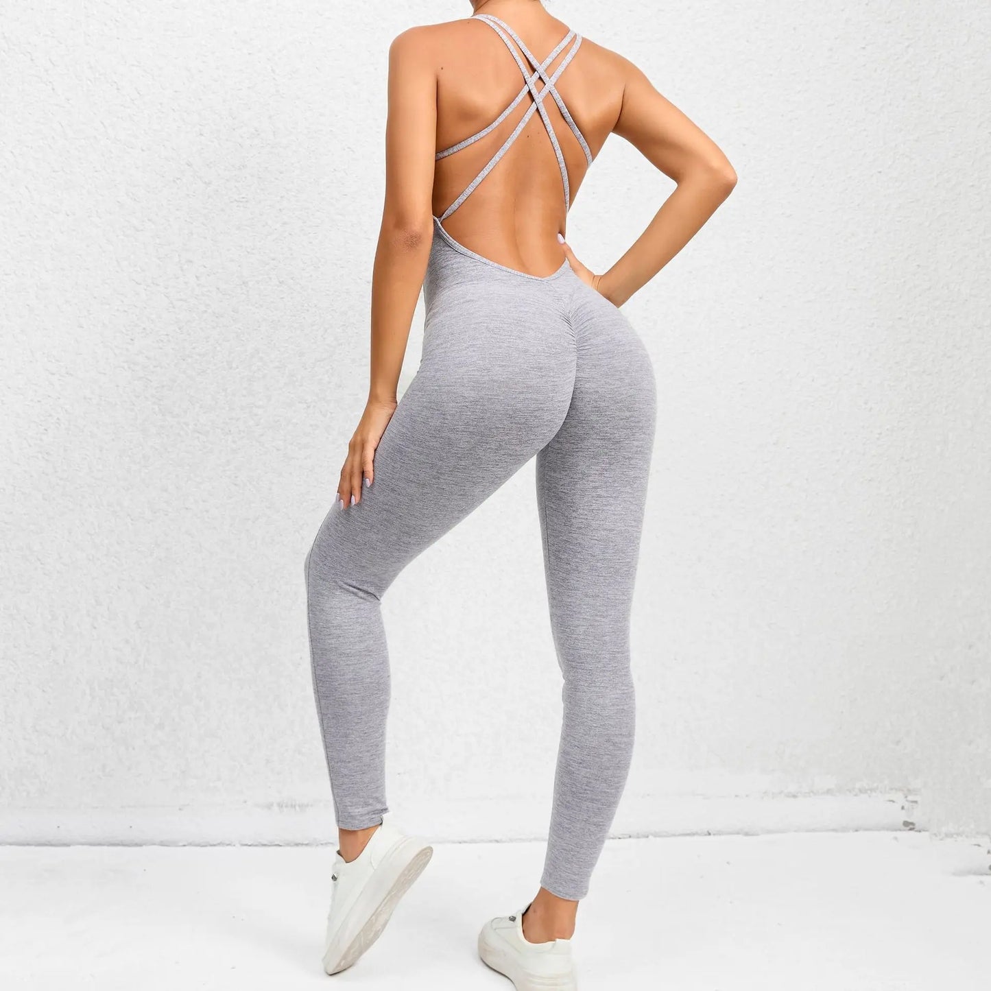 Sexy Backless Bodycon Scrunch Jumpsuit Raises Butt Women Dance Fitness Overalls for Women Sleeveless Yoga Sport Jump Suit Black