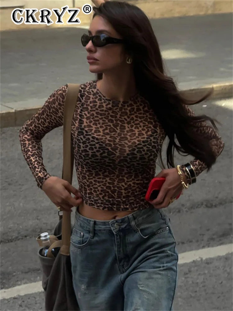 Ladies summer Leopard Print Clubwear Y2K Clothes Women Long Sleeve O-Neck Mesh See Through Slim T Shirt Holiday Streetwear Tees