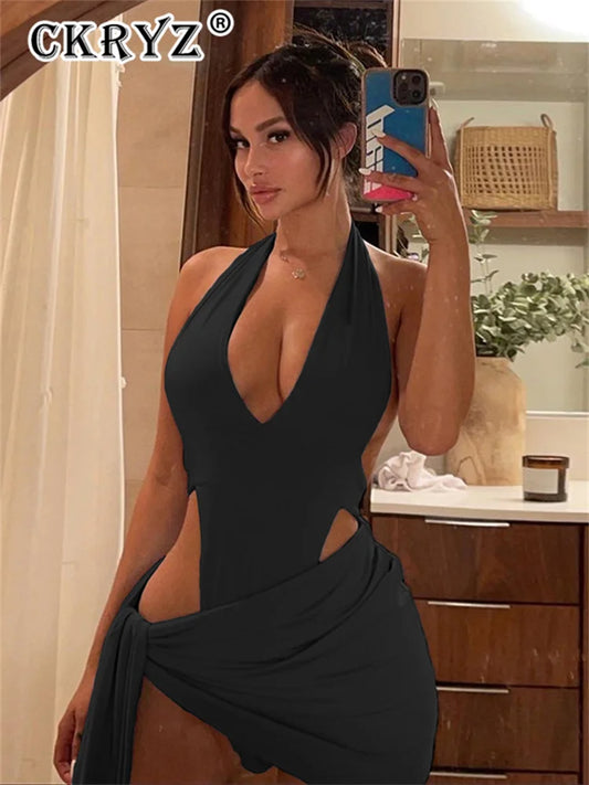Ladies 2 Pieces Dress Set Women Sleeveless Backless Halter Bodysuit Top Skirt Matching Sets Woman Clothes Club Streetwear 2025