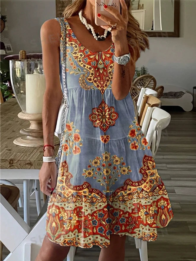 Printed pleated sleeveless V-neck dress
