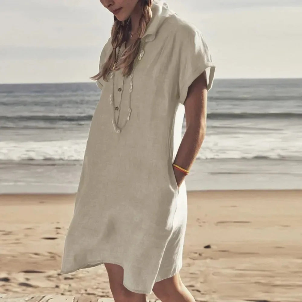 Women's L-5XL Plus Size Summer Cotton and Linen Short Sleeved Button Dress with Lapel Pockets Solid Color Loose Fitting Dress
