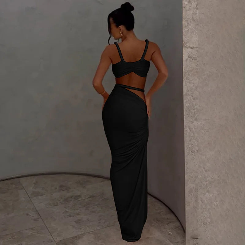 Ladies Summer Party 2 Piece Skirt Set Women Sleeveless Backless Crop Top Long Skirts Matching Sets Club Streetwear Woman Clothes