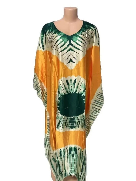 Comfortable plus Size Women's Dress Floral Print Loose Waist Long Skirt Batwing Sleeve V Neck Ankle Length Elegant Fashion