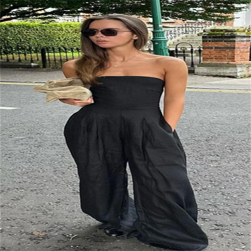 Sexy Backless Women's Jumpsuits Solid Off Shoulder Waist Cinching Pockets Wide Leg Pants Lady Bodysuit Summer Female Outwears