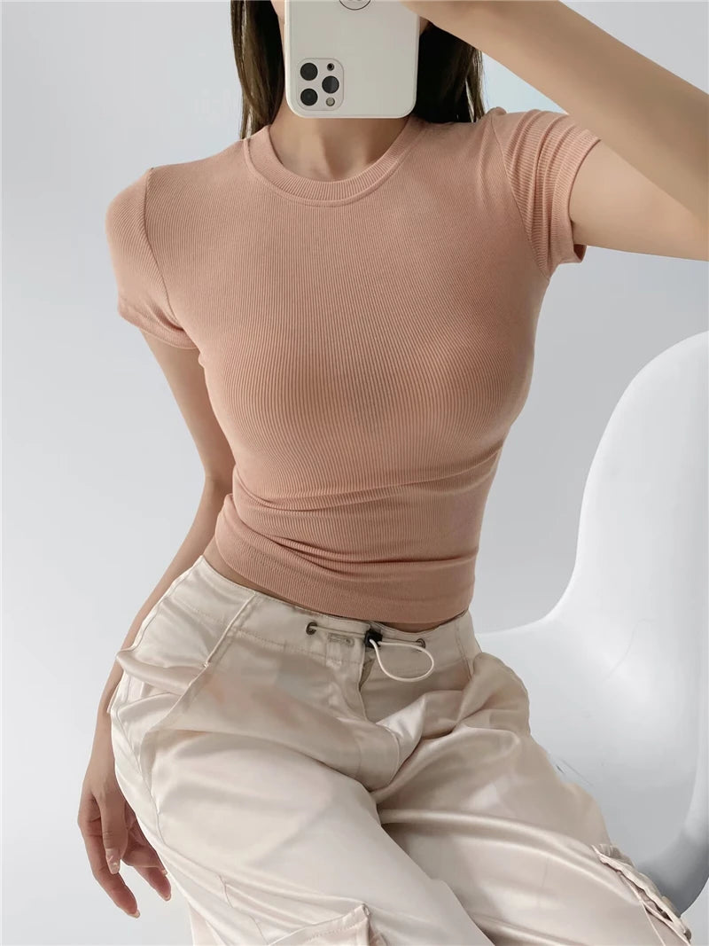 LUNDUNSHIJIA 2024 Summer Sexy Women Basic O-neck Short Sleeve T-shirt Ladies Slim Elasticity Cotton Tee Tops 12 Colors