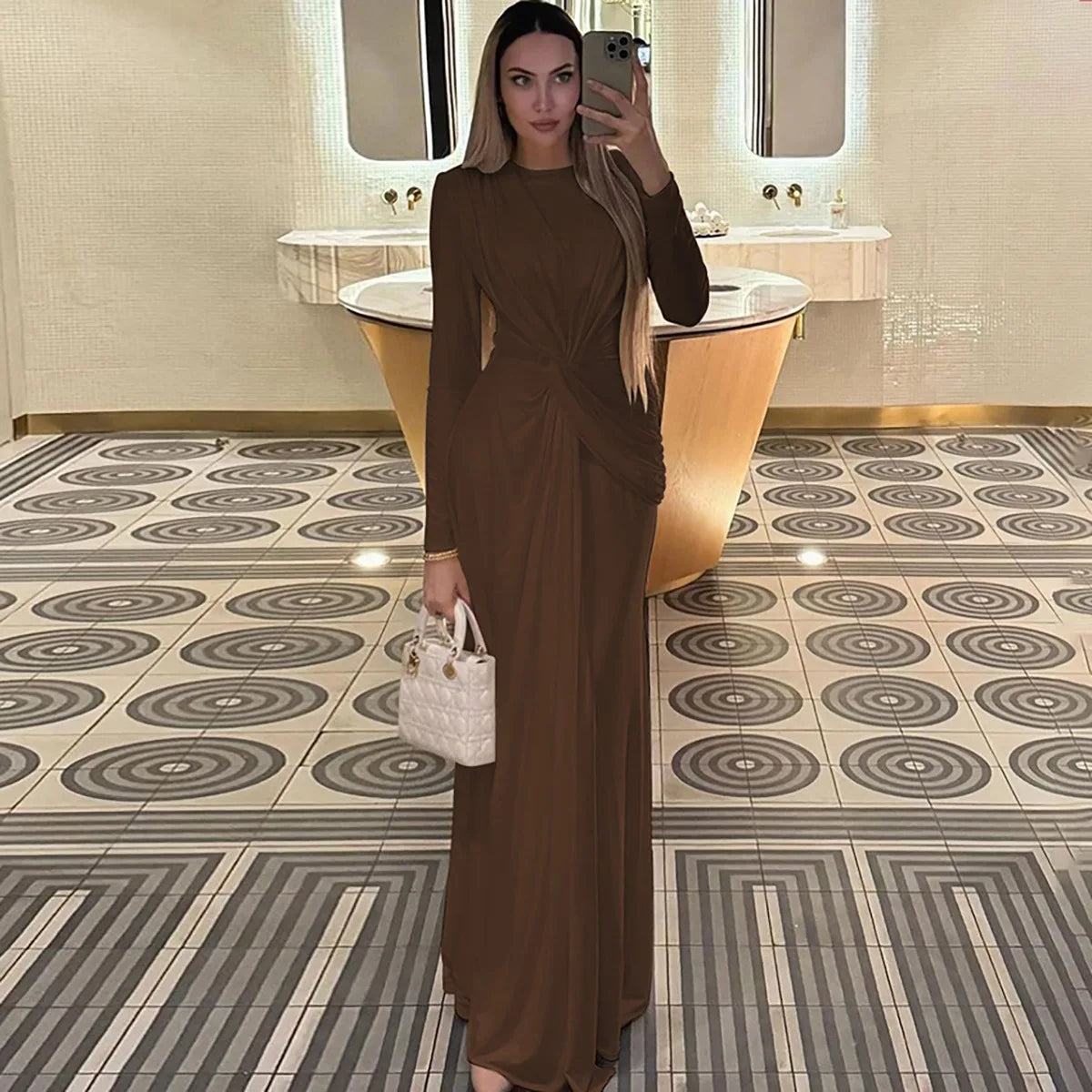 Ladies Elegant Evening Party Dress Women Long Sleeve O-Neck Ruched Fashion Long Dresses Woman Night Club Streetwear Fall Outfit