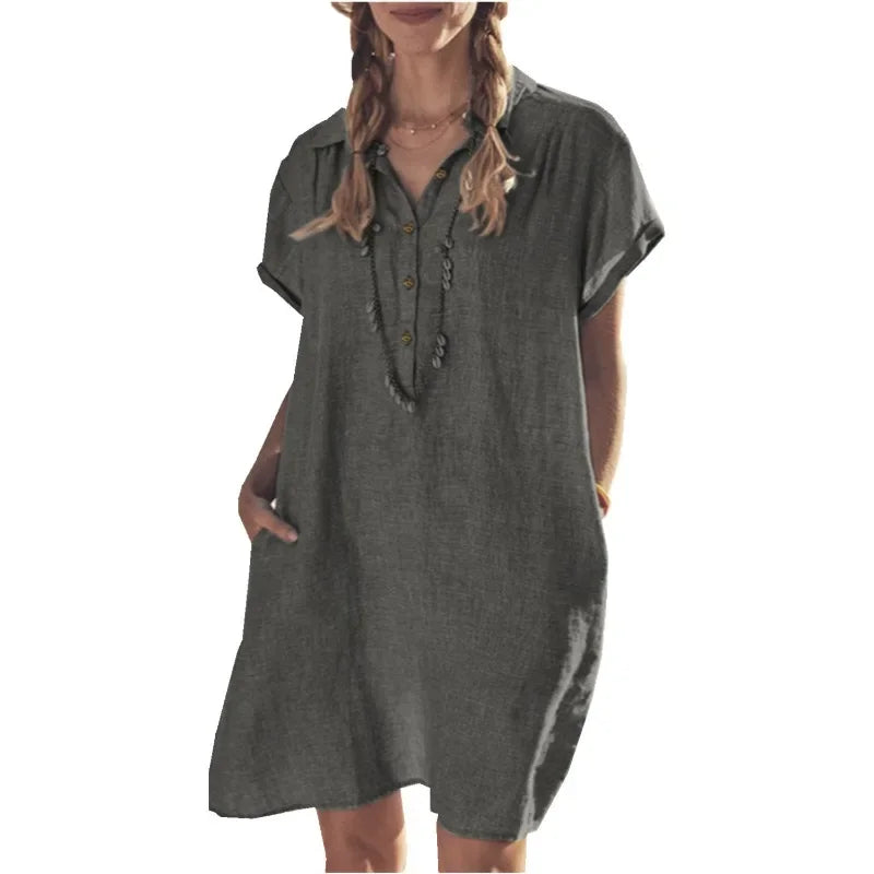 Women's L-5XL Plus Size Summer Cotton and Linen Short Sleeved Button Dress with Lapel Pockets Solid Color Loose Fitting Dress