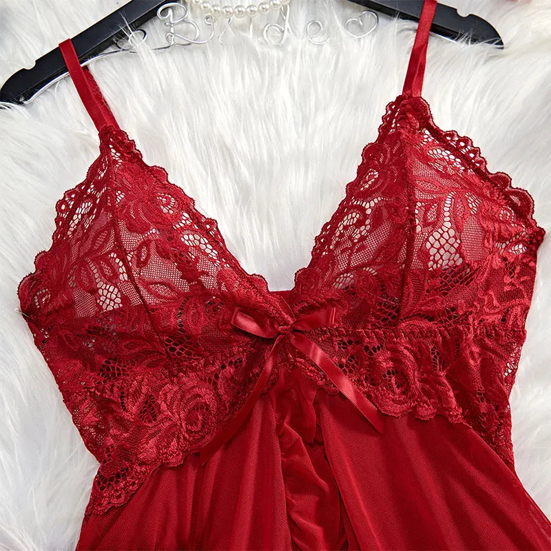Women's Deep V Neck Low Cut Panty Pijamas Backless Mesh Transparent Red Sexy Lingerie See Through Sleepwear Lace Nightdress