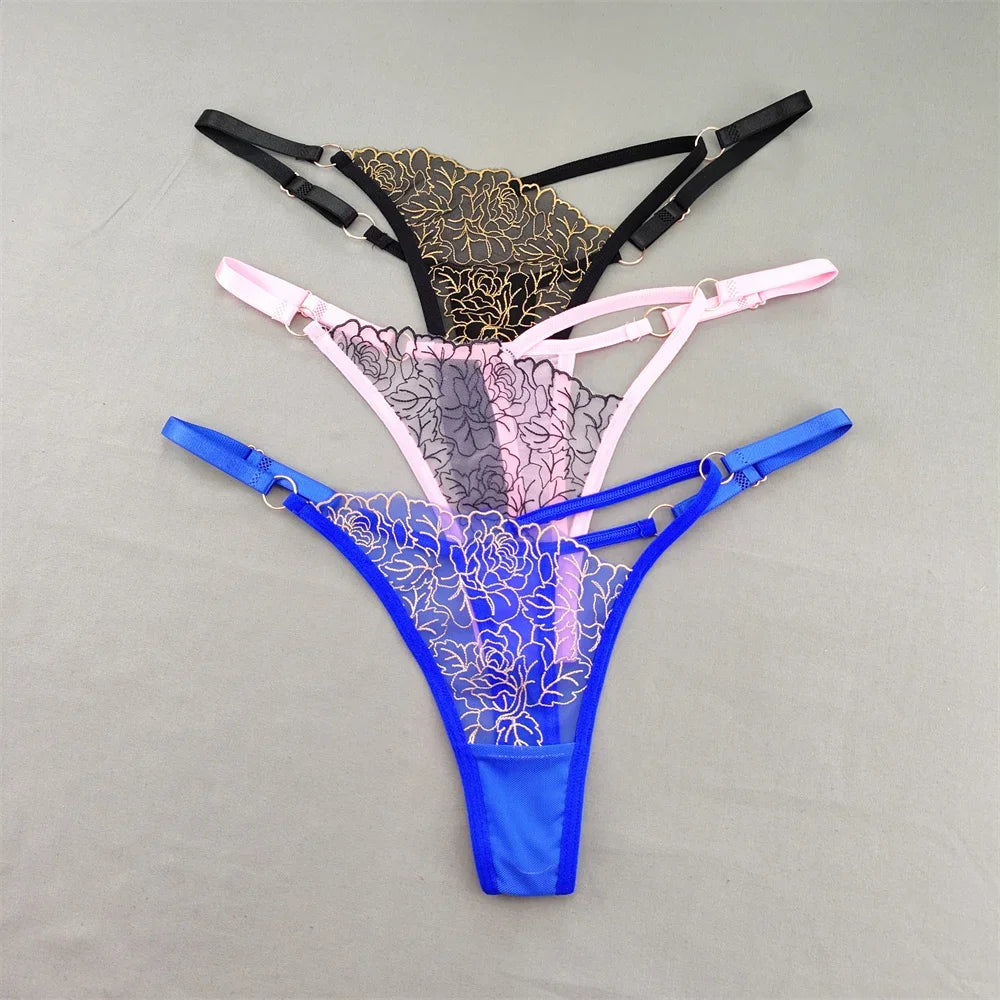 3pcs V-shaped Sexy Lace Floral Thong Women Hollow Out V-Strings Adjustable Belt Transparent Underwear