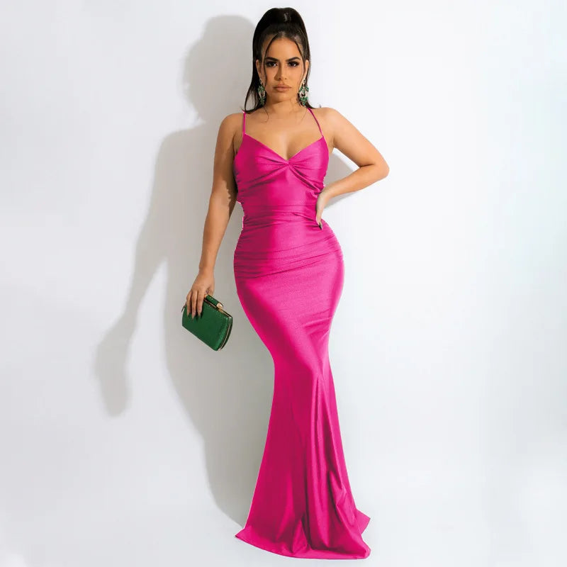 Ladies Summer Satin New Fashion Evening Party Dress Women Sleeveless Backless Bodycon Maxi Dresses Night Club Streetwear Outfits
