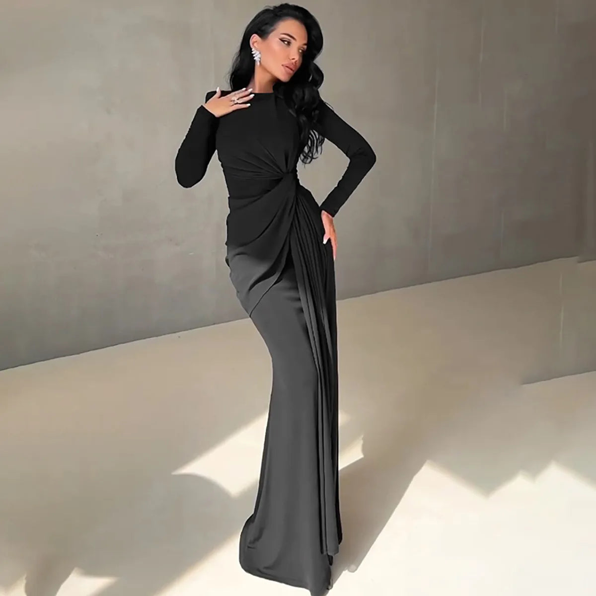 Ladies Elegant Evening Party Dress Women Long Sleeve O-Neck Ruched Fashion Long Dresses Woman Night Club Streetwear Fall Outfit