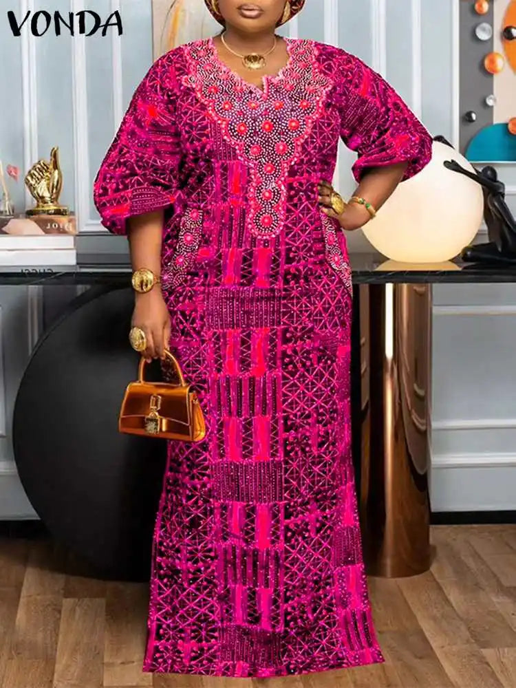 Plus Size 5XL VONDA Bohemian Summer Women Long Dress Printed Sundress Fashion Puff Sleeve V Neek Loose Casual Vestidos Robe