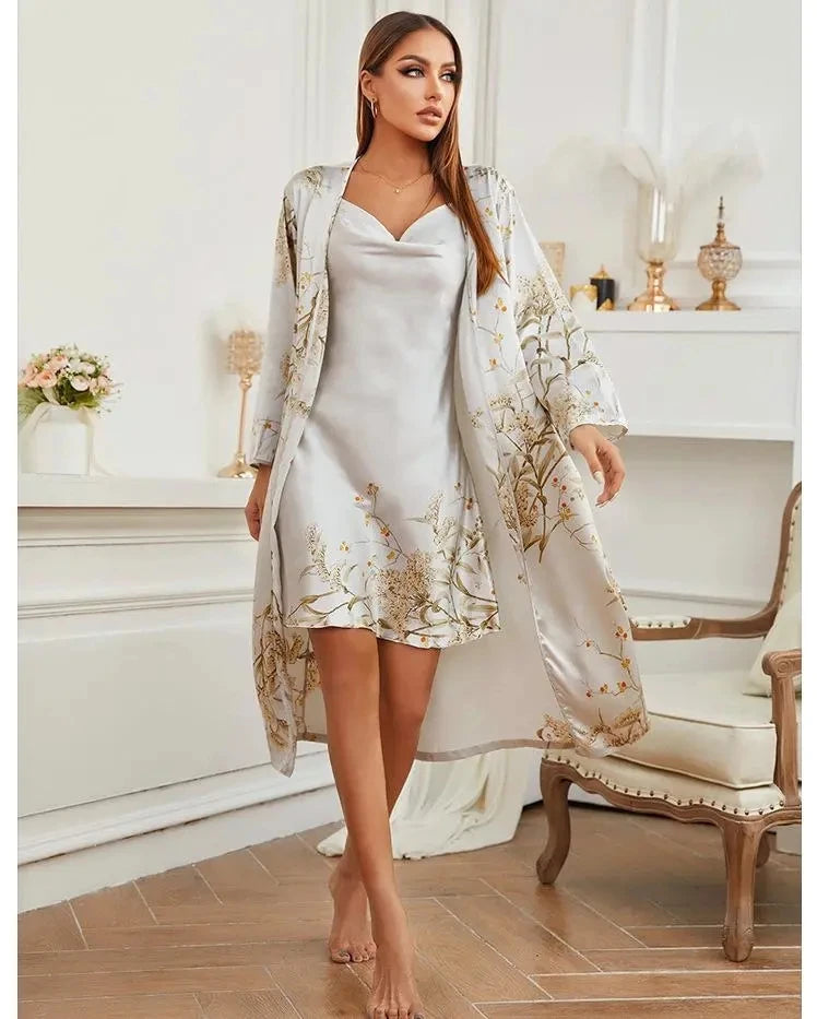 Print Twinset Robe Suit Womens Satin Chemise Nightgown Kimono Bathrobe Gown Set Summer Sexy Loungewear V-Neck Sleepwear