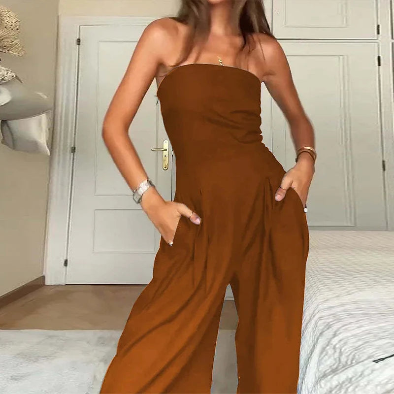 Sexy Backless Women's Jumpsuits Solid Off Shoulder Waist Cinching Pockets Wide Leg Pants Lady Bodysuit Summer Female Outwears