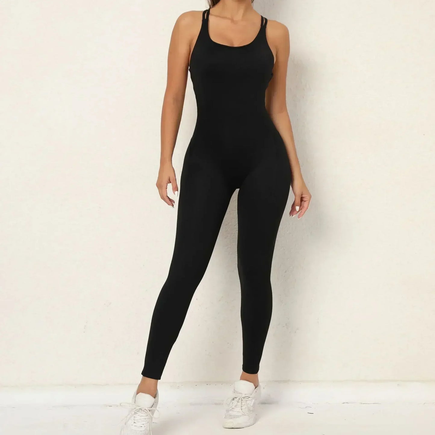 Sexy Backless Bodycon Scrunch Jumpsuit Raises Butt Women Dance Fitness Overalls for Women Sleeveless Yoga Sport Jump Suit Black