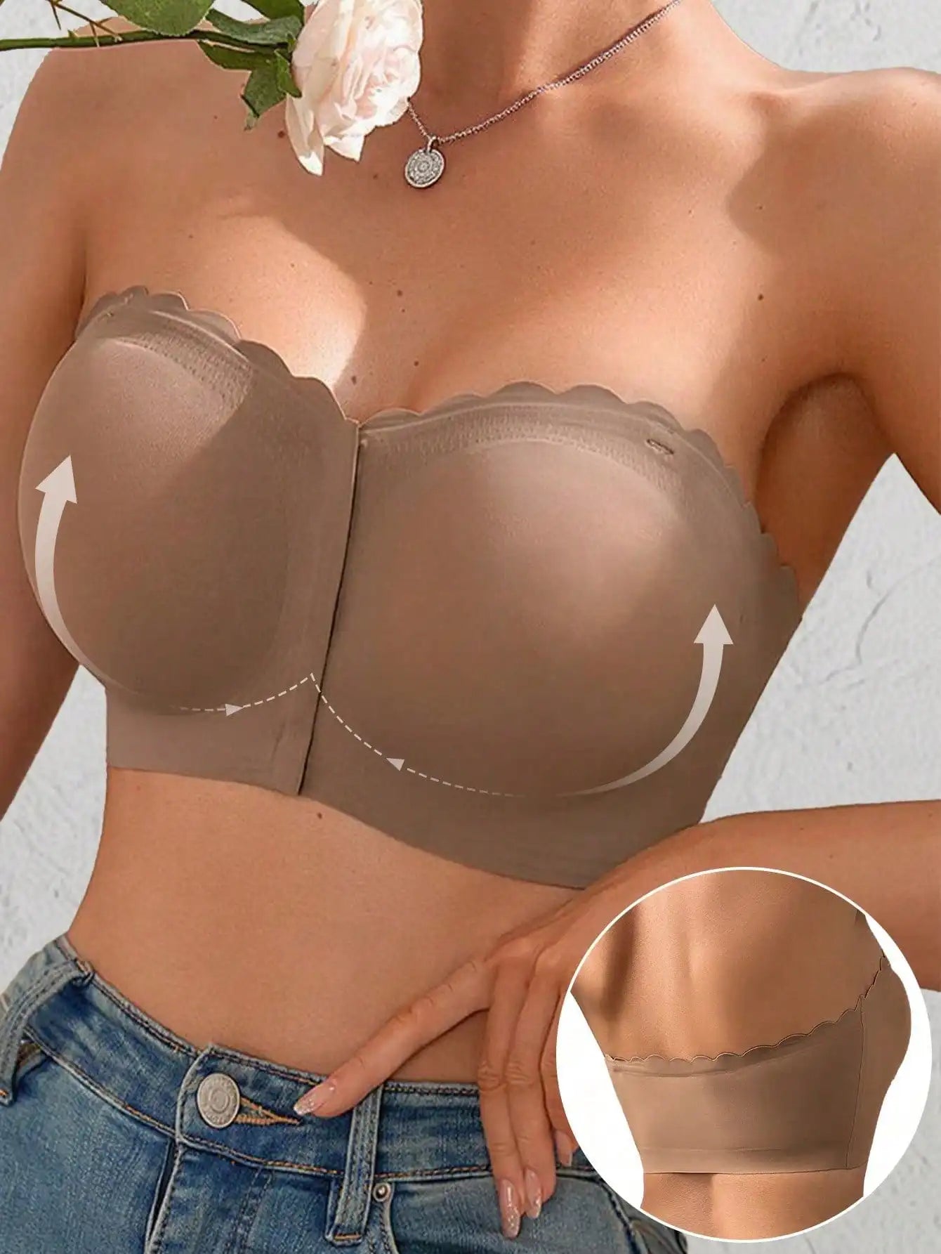 Women's Front Closure Bra,Removable Padding,Adjustable Bandeau Lingerie Tube Bras,Non Slip Silicone Soft Fabric Underwear