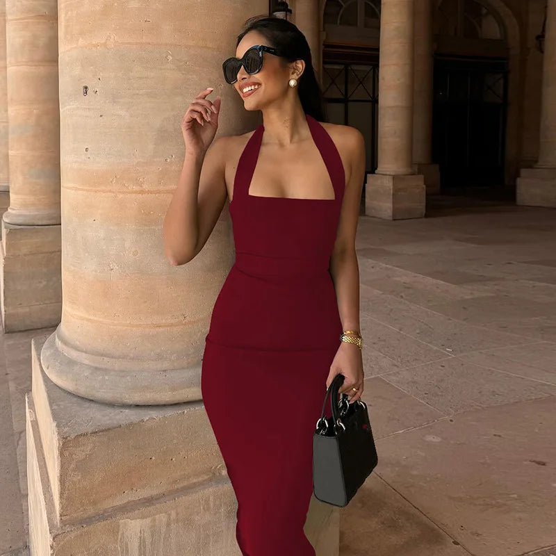 Ladies Summer Elegant New Midi Dress Women Sleeveless Backless Halter Long Dresses Evening Party Club Streetwear Woman Clothes