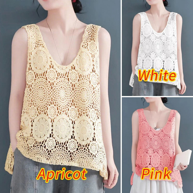 2025 Women Sleeveless Tanks Tops ZANZEA Summer Bohemain Lace Crochet Blouse Casual Loose Camis Fashion Holiday Beach Shirt Mujer