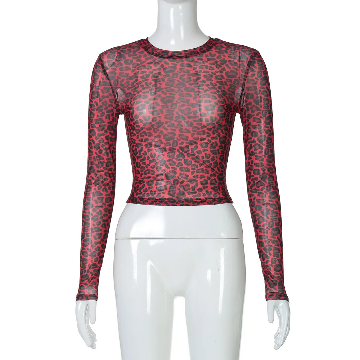 Ladies summer Leopard Print Clubwear Y2K Clothes Women Long Sleeve O-Neck Mesh See Through Slim T Shirt Holiday Streetwear Tees