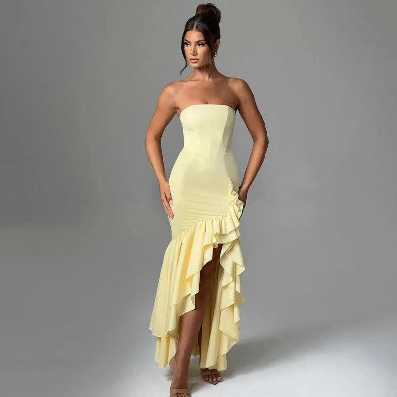 Ladies Summer Ruffle New Fashion Elegant Evening Party Dress Women Sleeveless Backless Tube Bodycon Maxi Dresses Female Clubwear
